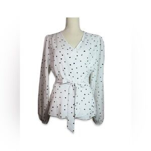 SHEIN Long Sleeve Wrap Blouse Women’s Size XL White with Black Hearts